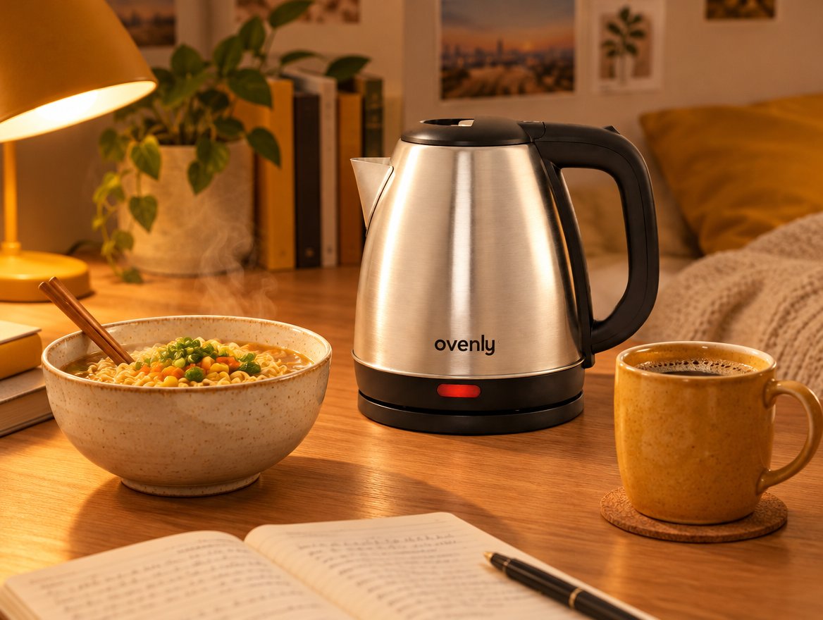 Ovenly kettle on a desk with instant noodles and coffee