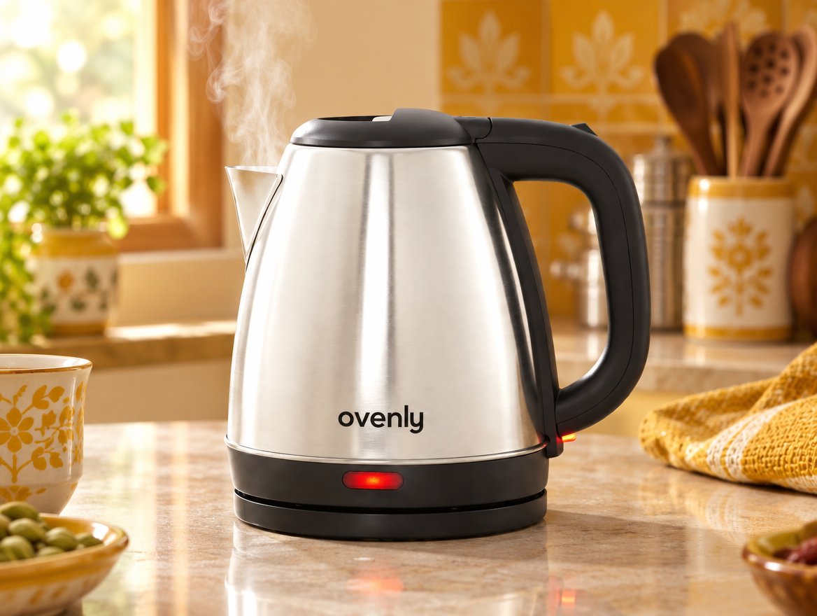 Ovenly kettle on its base with steam rising from the spout