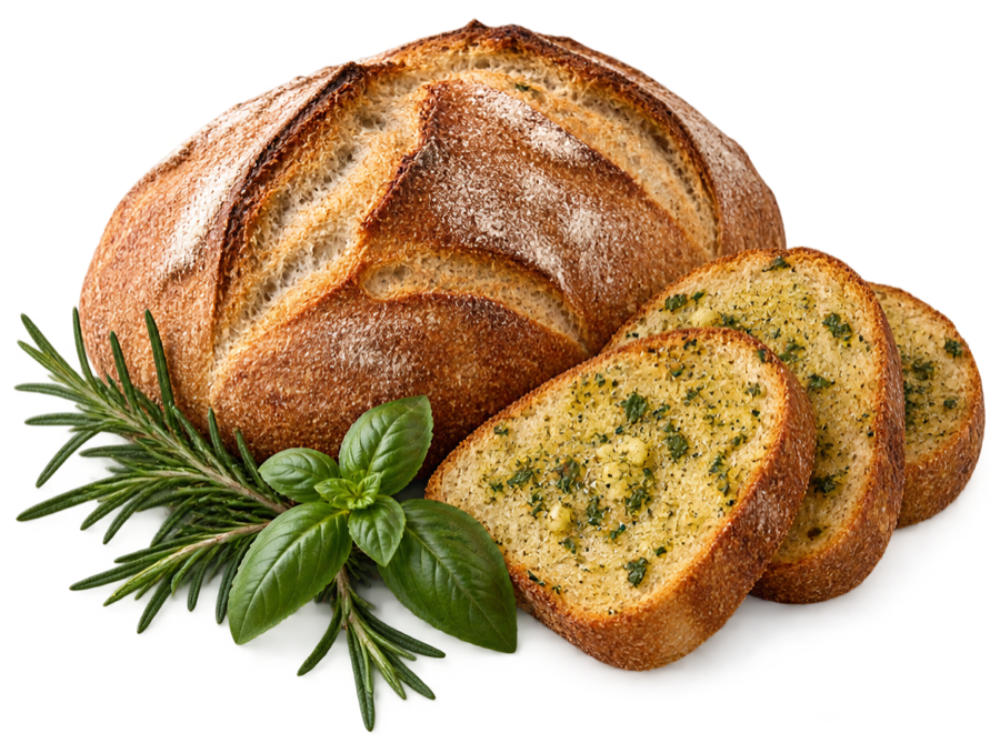Crusty loaf with slices of herb garlic bread