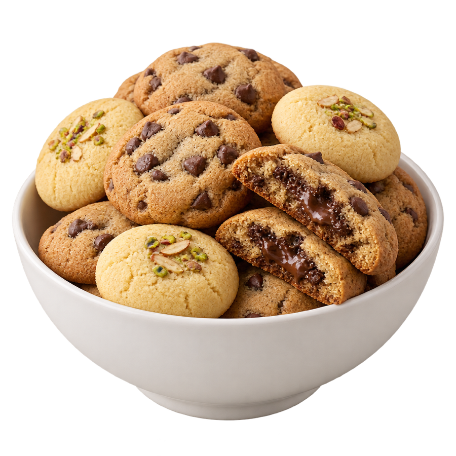 Bowl of chocolate chip cookies and nankhatai