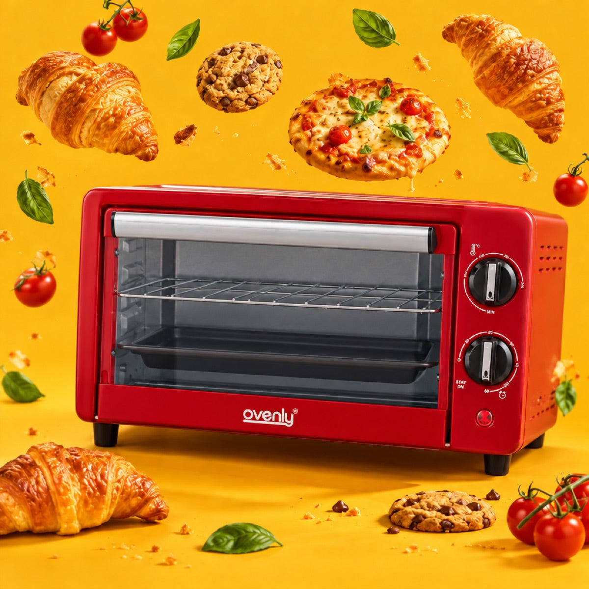Red Ovenly 10L oven surrounded by croissants, cookies, pizza and tomatoes on a yellow background