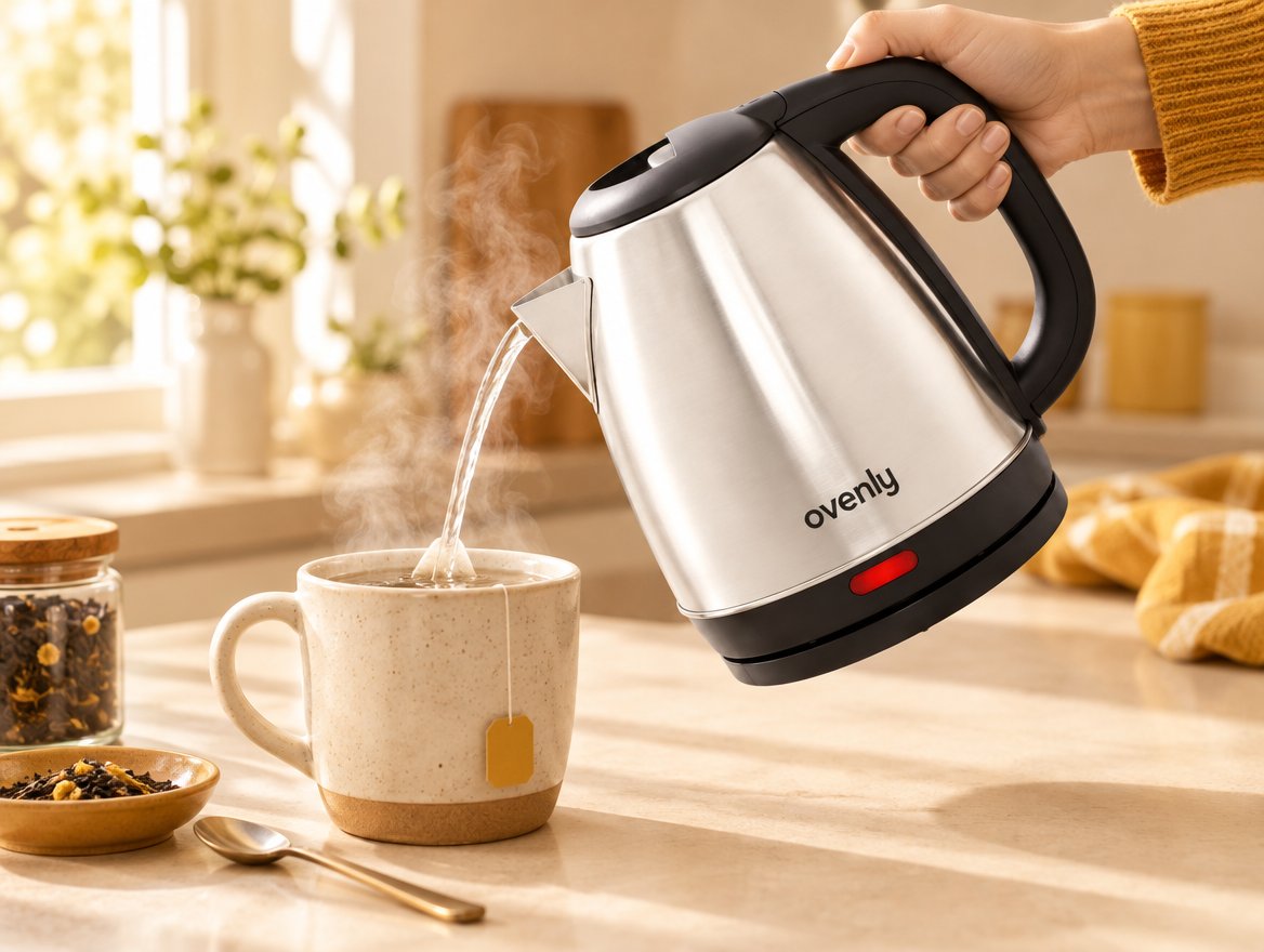 Ovenly kettle pouring hot water into a cup
