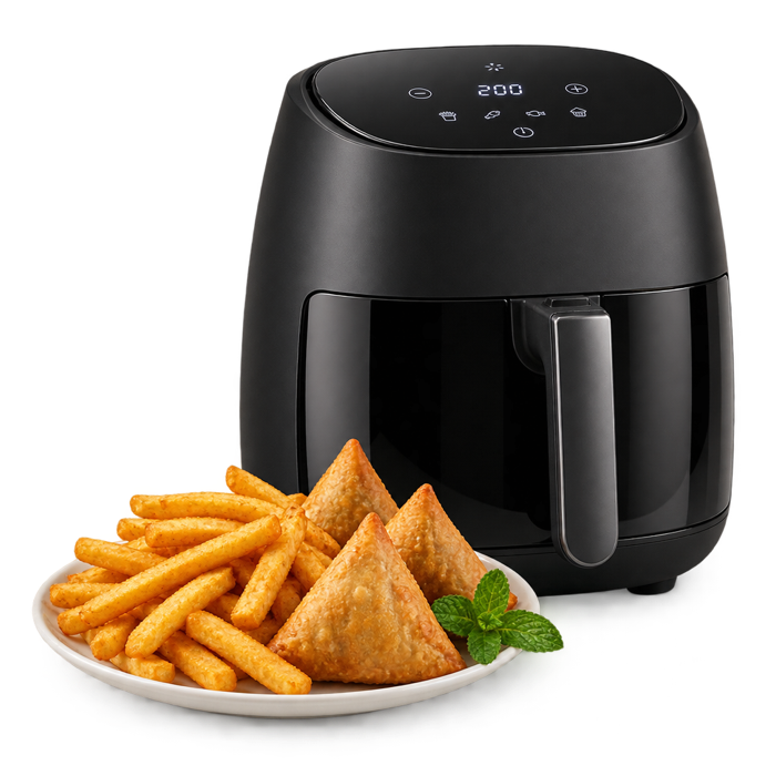 Preview of an air fryer with fries and samosas
