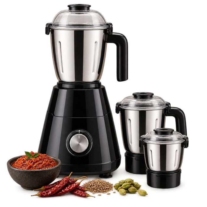 Preview of a mixer grinder with steel jars and masala